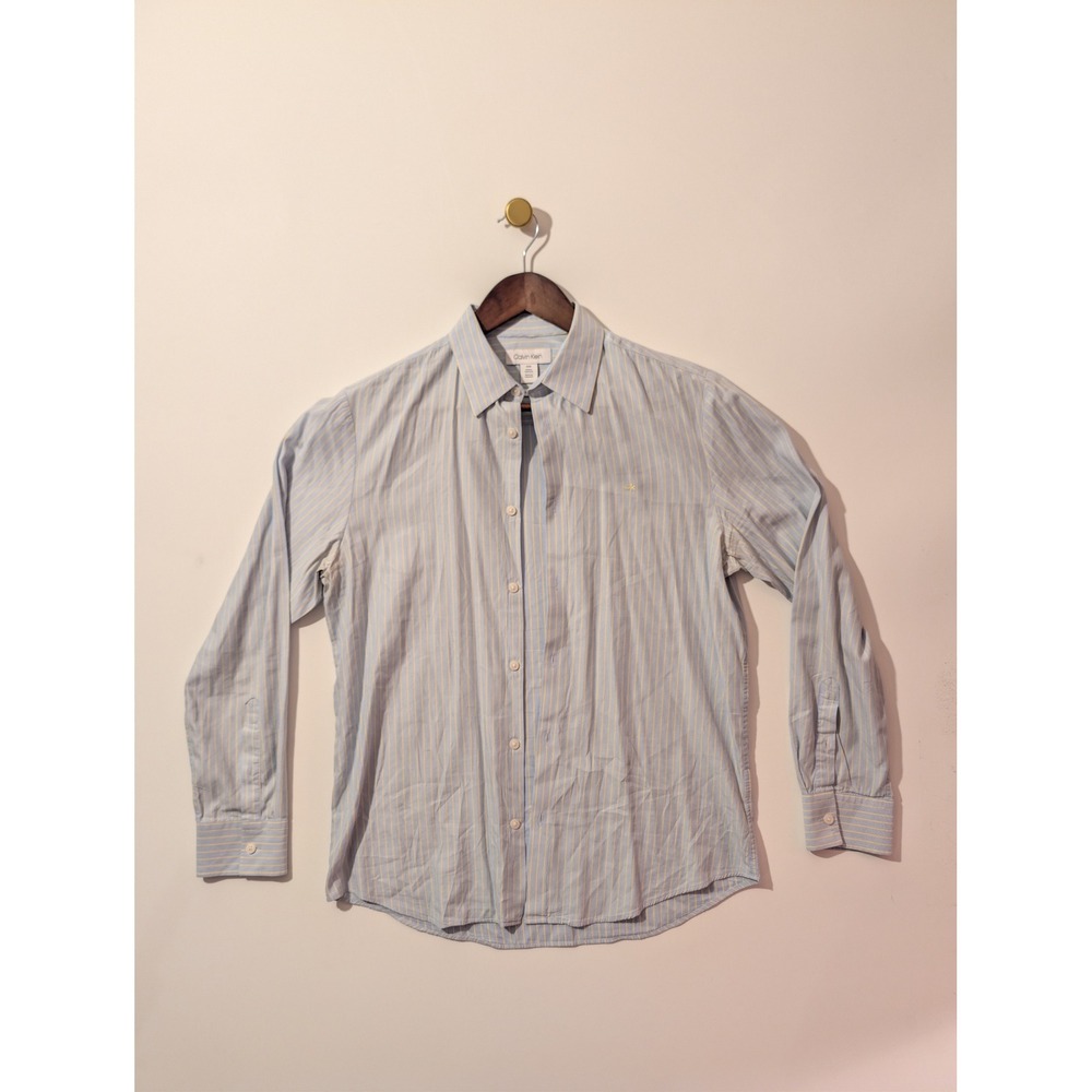 Calvin Klein Button Down Shirt Mens Small Blue Yellow Striped Excellent Logo SEO